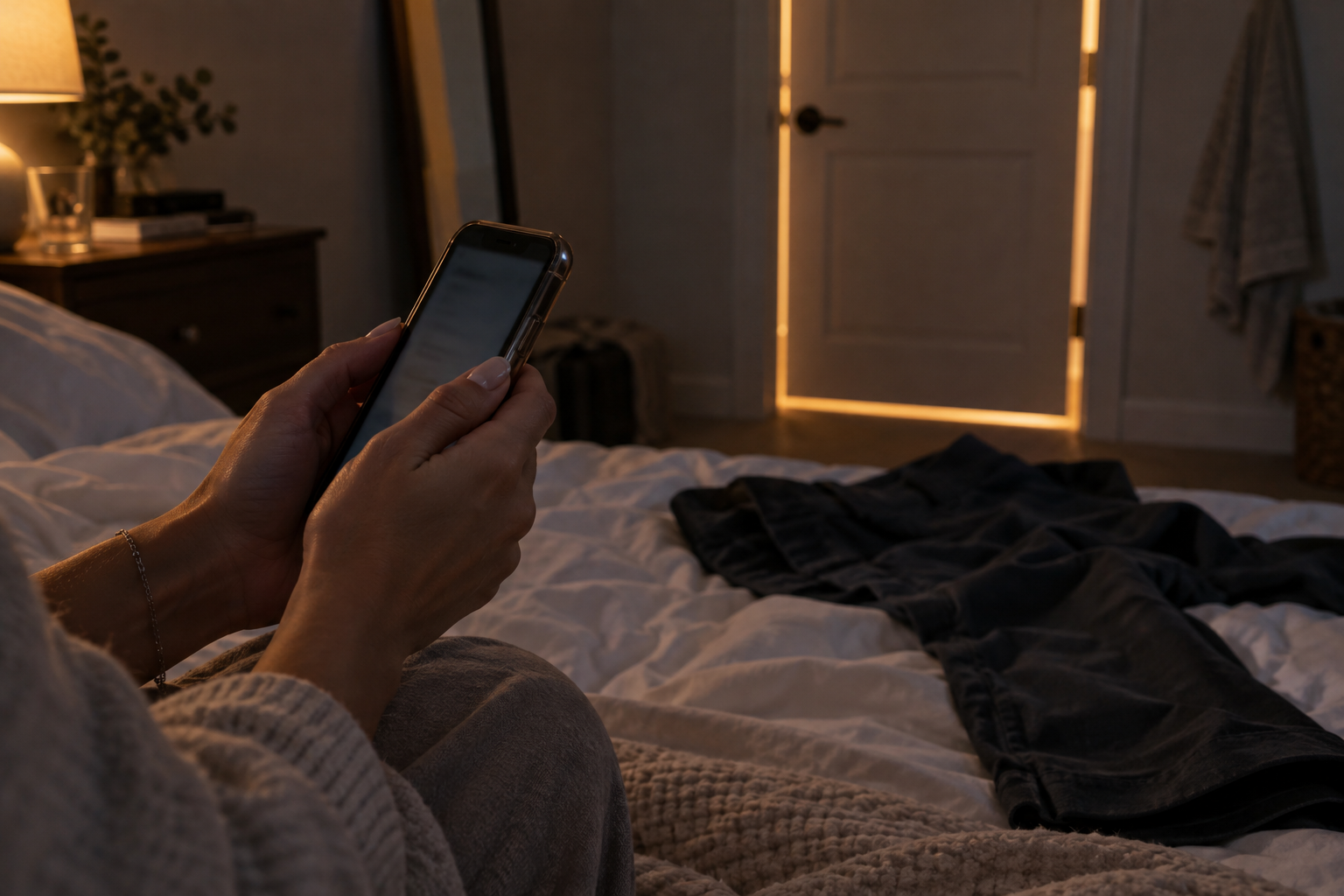 Hands holding a phone beside a rumpled bed and a closed bathroom door.